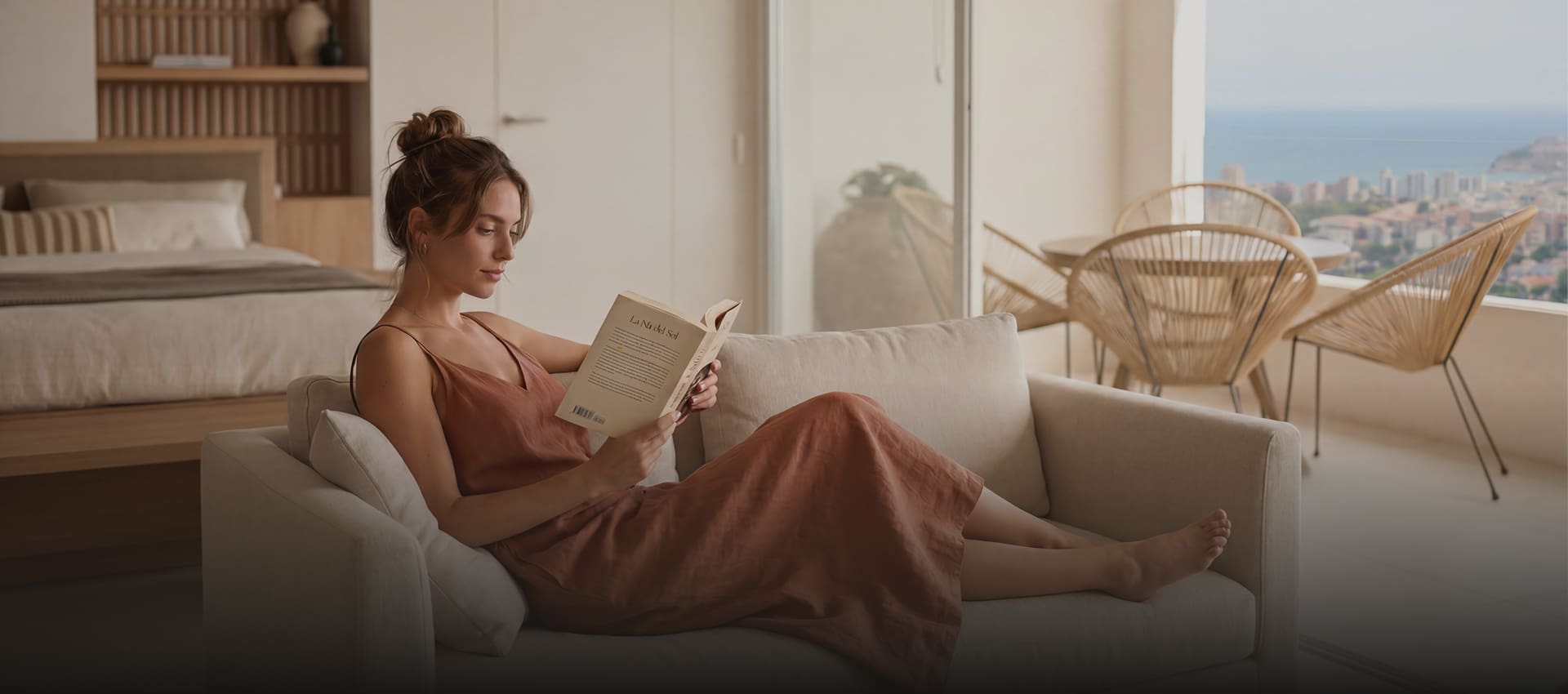 Adults-only experience Girl sitting on a sofa reading a book