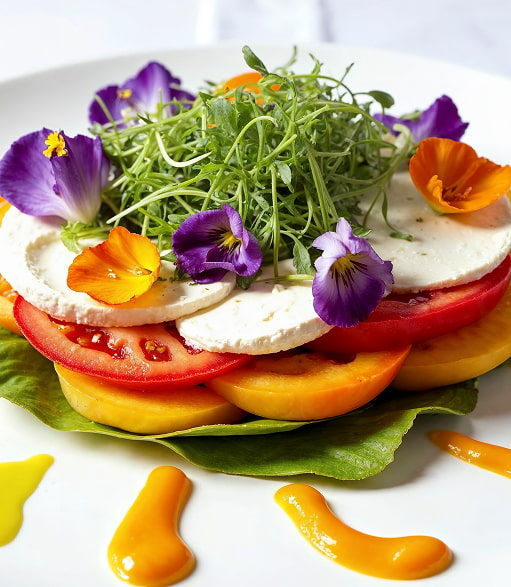 Gourmet breakfasts Salad with tomato, burrata, sprouts and flowers