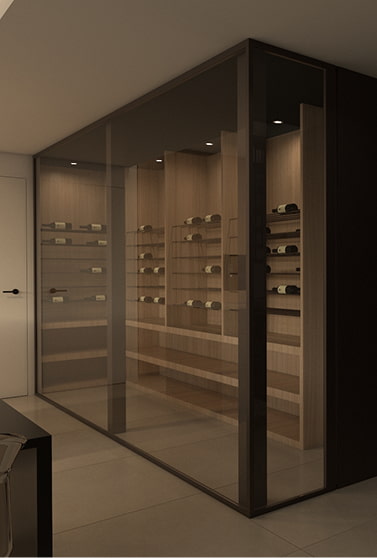 Glazed wine cellar A modern wine cellar with glass walls and wooden finishes