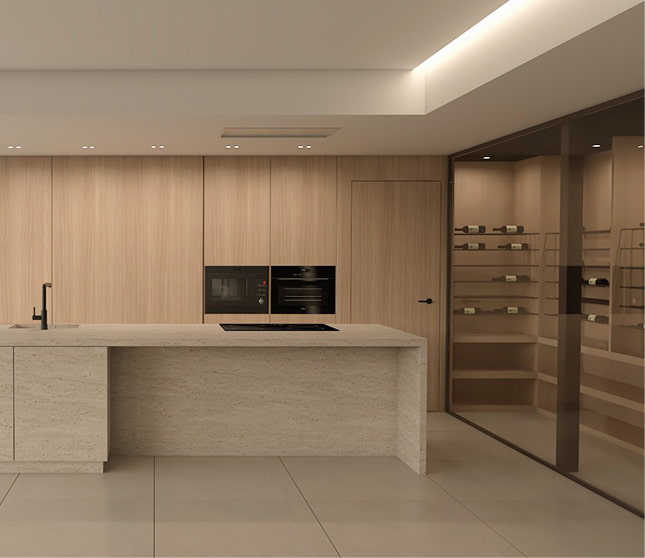 Villa de Irta kitchen Designer kitchen with a central island and integrated glass-fronted wine cabinet