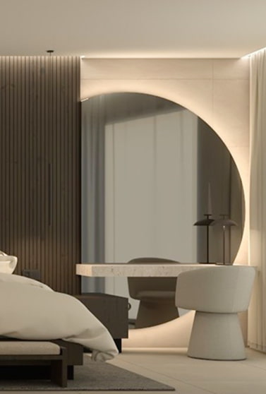 Elegant bedroom Cosy space with dressing table and illuminated mirror