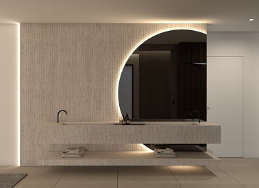 Villa de Irta Minimalist bathroom with a round illuminated mirror